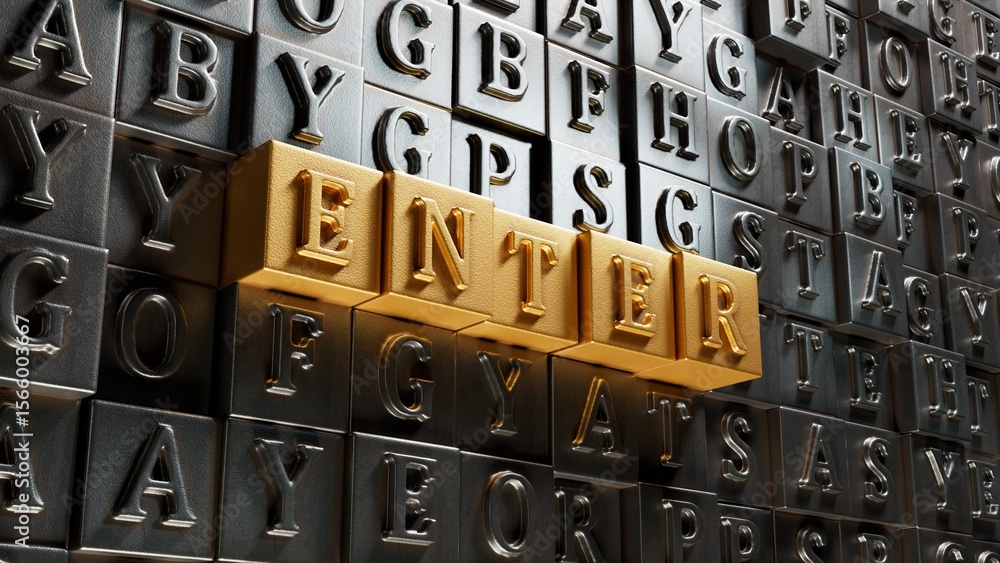 Poster enter.3d illustration of movable type printing.close up of movable type printing,3d rendering on gol