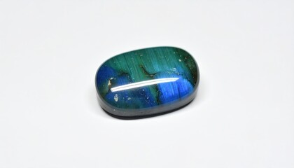 Polished Labradorite Gemstone Displaying Blue And Green Iridescent Schiller Against White Background