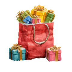 Watercolor Gift Bag with Presents isolated on transparent white background, clipping path