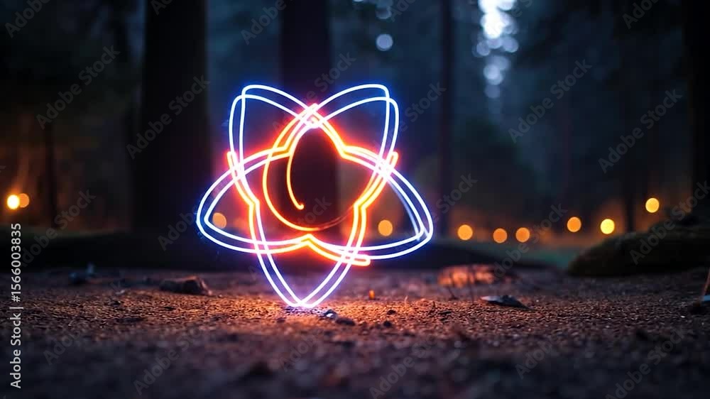 Aufkleber abstract glowing neon atom symbol in a dark forest at night. the symbol features blue and orange lig
