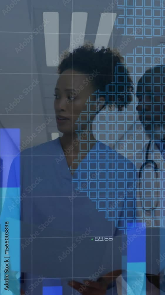 Poster animation graphs and map over diverse doctors discussing patient reports while walking in corridor