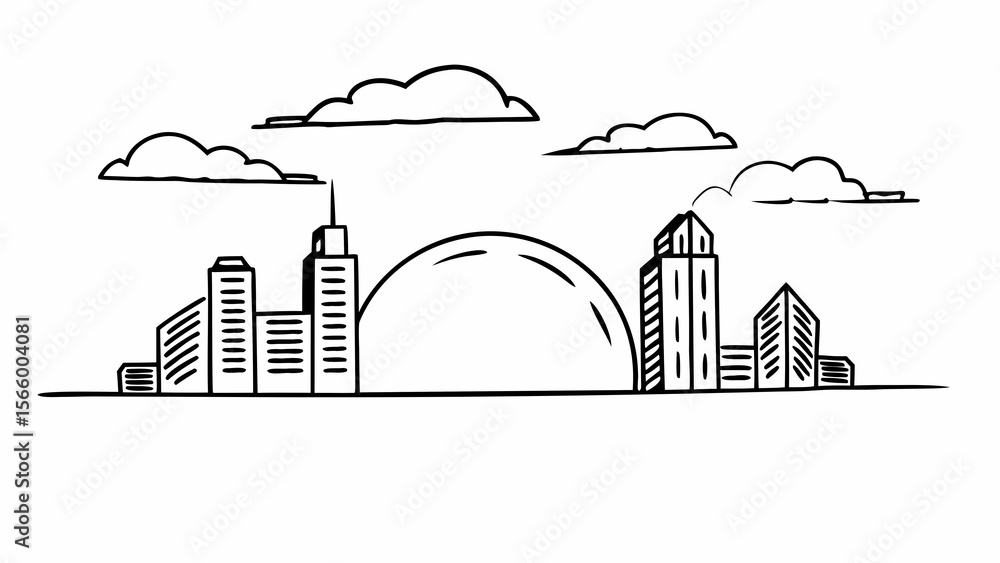 Aufkleber a simple black and white line drawing of a city skyline with clouds and a large dome structure creat