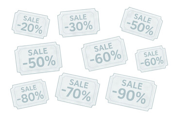 Discount coupons with sale percentages ranging from 20% to 90% off, ideal for advertising promotions and marketing campaigns