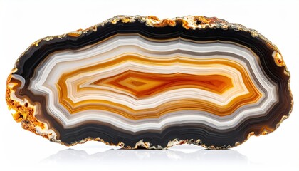 Polished Onyx Slab with Translucent Amber Swirls on White Background Featuring Brown and Black Layers