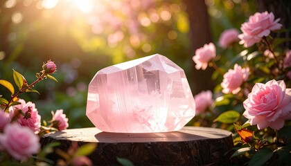 Polished Rose Quartz Crystal Displayed Outdoors Surrounded By Pink Roses And Soft Sunlight