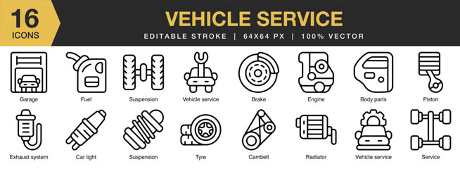 Vehicle Service icon set. Editable Stroke Icon Collection. Includes vehicle, service, car, repair, maintenance, and More. Outline icons vector collection.