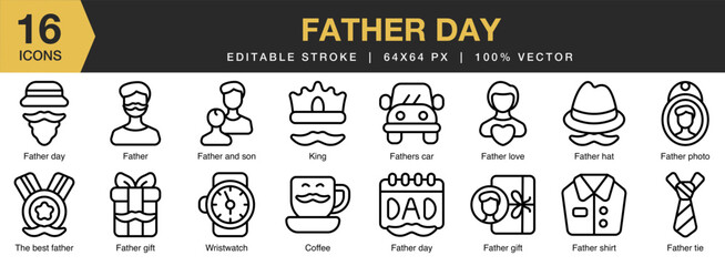 Father Day icon set. Editable Stroke Icon Collection. Includes  family, happy, love, father, dad, day, and More. Outline icons vector collection.