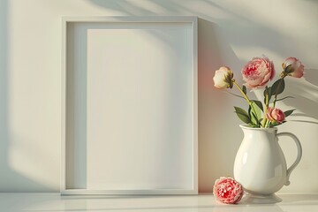 Detailed Color Picture of Jug and Vase with Flowers Near Frame