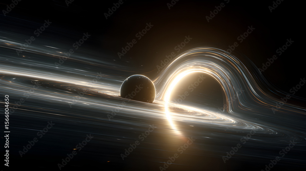 Wall mural a black hole with an accretion disk and a planet in the dark depths of outer space view