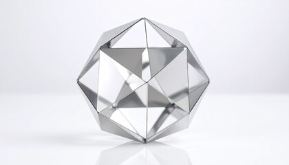 Polished Stainless Steel Polyhedron Reflecting Light Against a White Background