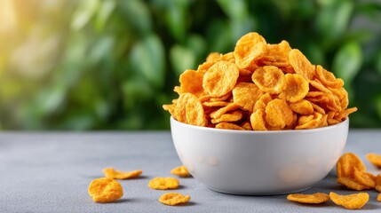 A white bowl filled with crispy golden cornflakes placed on a gray surface with green foliage blurred in the background.