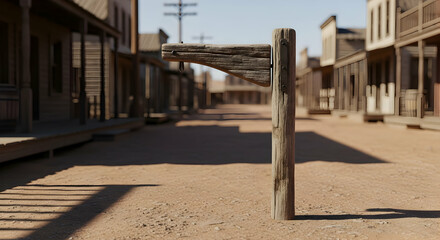 Empty cowboy town street with wooden post