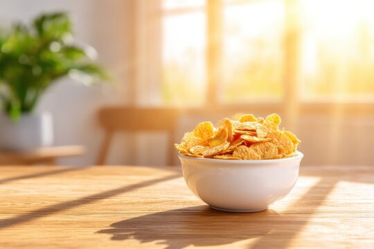 A white bowl filled with cornflakes sits on a wooden table bathed in warm morning sunlight, with a blurred plant and window in the background.