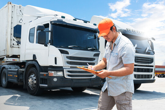 Truck Drivers Holding Clipboard to Check The Semi Trucks. Semi Truck Tractor, Big rig. Inspector Mechanic, Maintenance Safety Checklist, Inspecting Safety Driving. Freight Logistics Truck Transport.