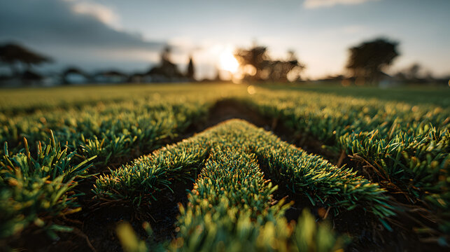 Vast green grass field with large symbolic arrow pointing upward and forward, representing sustainable development, eco-friendly growth, and positive momentum in environmental protection an 64411046 2