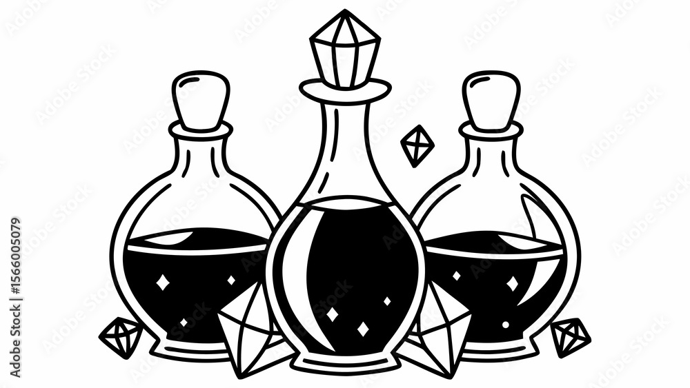 Aufkleber three potion bottles with dark liquid and diamond shaped gems in a black and white line drawing crea