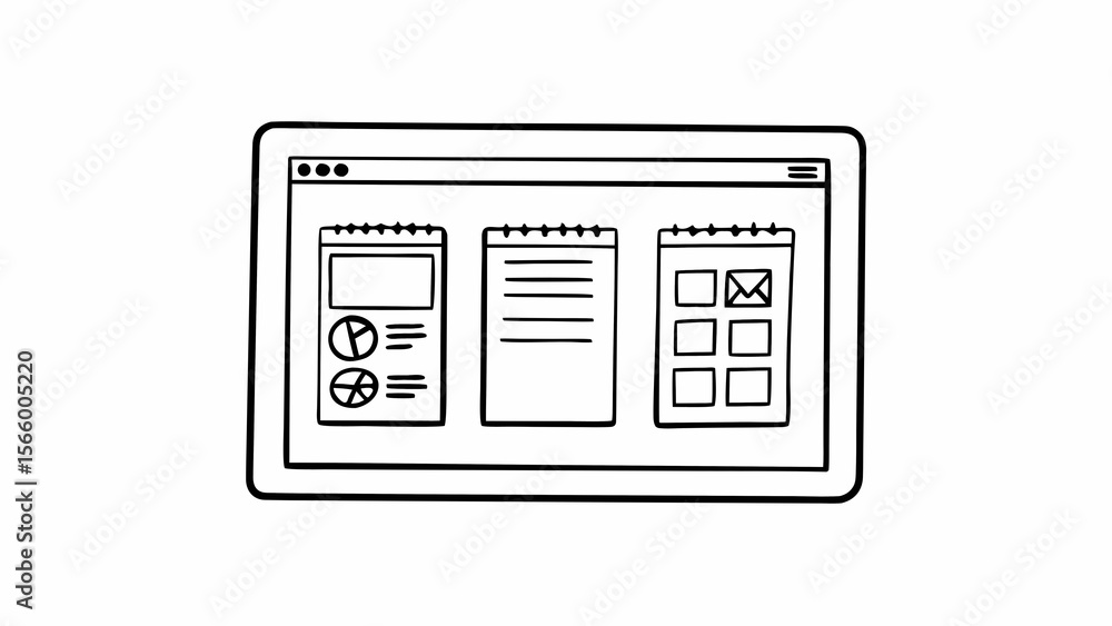 Poster a digital tablet displaying three different types of data visualization in a simple black and white 