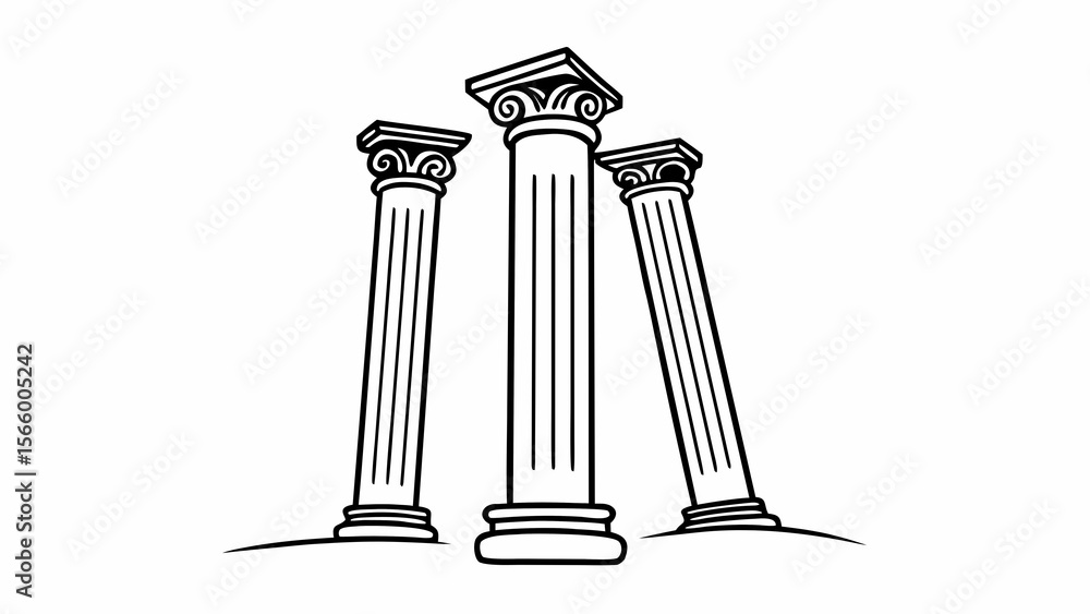 Poster three ionic order columns in a line drawing with a white background and simple shading effect create