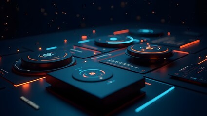 Futuristic Neon Interface Elements and Floating Screens in a Dark Virtual Space Environment