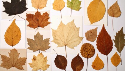 Pressed Autumn Leaves Collage Over Inkjet Print Background Displaying Various Shapes Textures and Hues