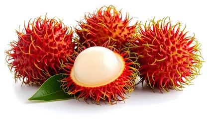 Cluster of rambutans with red spiky skin and one peeled open showing translucent white flesh. Isolated on white background, macro food detail and soft light.