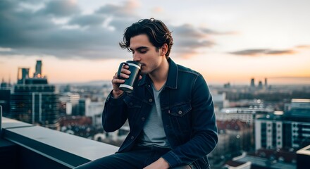 Young Man Enjoying Coffee at Sunset with City Skyline View