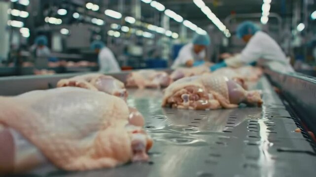 A poultry processing facility with fresh chicken being handled on a line.
