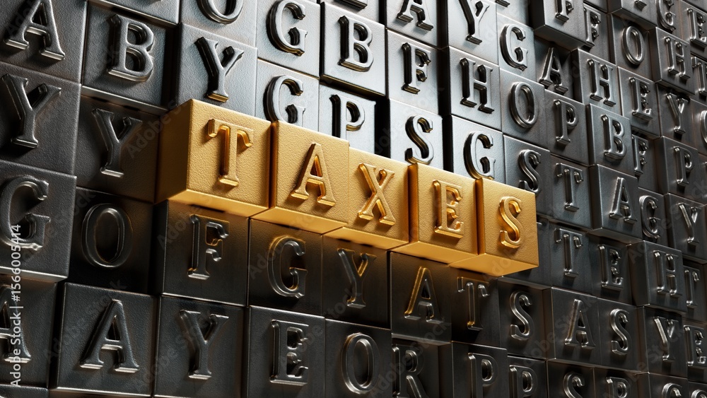 Fototapete movable type printing with taxes business word.close up of movable type printing,business concept.3d