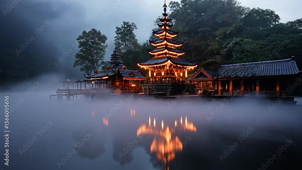 Poster illuminated pagoda reflecting in tranquil lake at dusk with fog and green trees background, creating