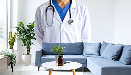 Professional Medical Attire Portrait with Stethoscope in a Bright Interior White Coat and Blue Underneath with Decorative Plants and a Blue Couch