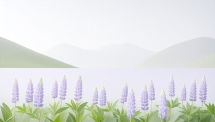Purple Lupine Flowers Blooming In A Mountain Meadow Landscape With Soft Focus Background