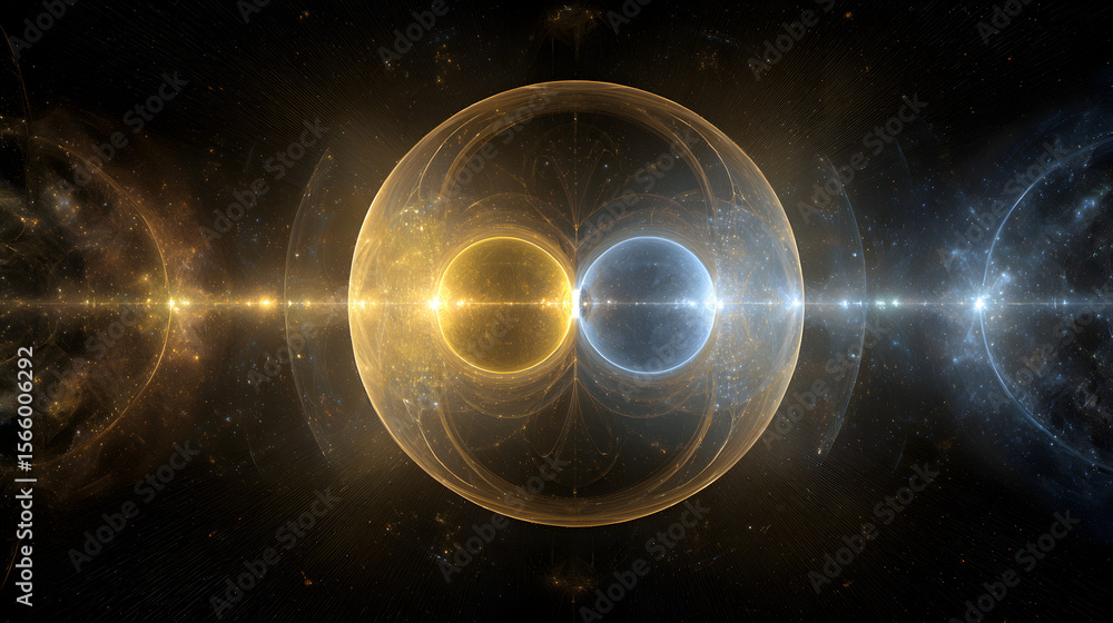Wall mural abstract rendering of two merging spheres with golden and blue light in a dark space background