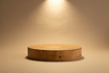 Rustic round wood pieces podium for product placement, beige background
