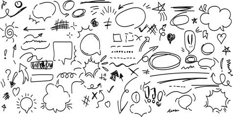 Doodle set of hand-drawn cartoony expression sign doodle, curve directional arrows, Hand drawn set elements, Abstract arrows, ribbons, hearts, stars, crowns and other elements in a hand drawn 