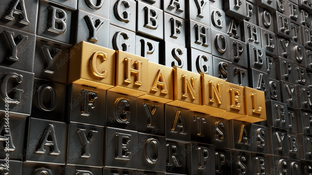 Poster word channel made with movable type printing.close up of movable type printing,business concept.3d r
