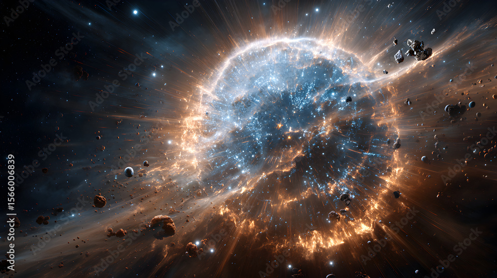 Wall mural a cosmic explosion with nebulous clouds and scattered asteroids in a dark space environment view