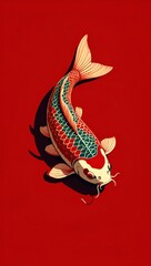Vibrant Koi Fish Illustration on Red Background Asian Art