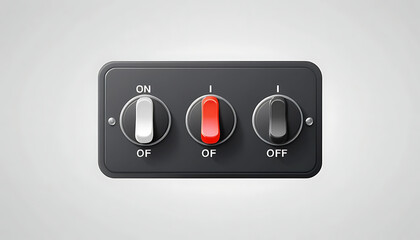 A close up of a black switch panel with three switches in the on off and off positions on white