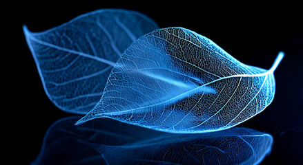 Elegant Leaf Veins: Two delicate leaf skeletons, rendered in ethereal blue, reveal intricate vein patterns against a dark backdrop, creating a captivating display of nature's artistry.