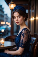 Elegant Woman in a Blue Dress at a Parisian Cafe
