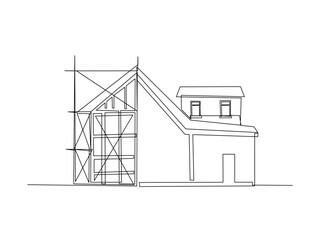 Continuous one line drawing of house construction architecture. House renovation outline illustration. Editable vector.