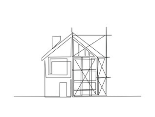 Continuous one line drawing of house construction architecture. House renovation outline illustration. Editable vector.