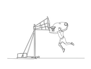 Continuous one line drawing of basketball palyer with basketball hoop. basketball sport outline illustration. Editable vector.