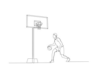 Continuous one line drawing of basketball palyer with basketball hoop. basketball sport outline illustration. Editable vector.