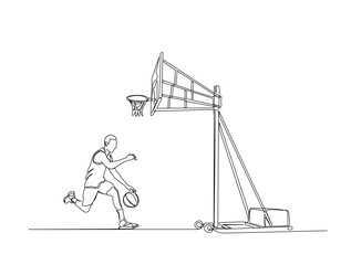Continuous one line drawing of basketball palyer with basketball hoop. basketball sport outline illustration. Editable vector.
