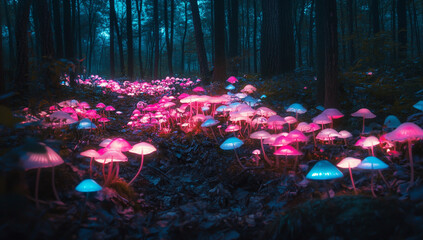 A forest with glowing pink and blue mushrooms