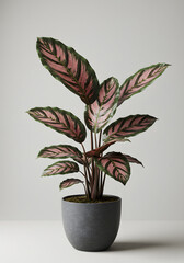 Vibrant Calathea Prayer Plant with Pink and Green Striped Leaves in a Modern Grey Pot. Indoor Houseplant Decor.