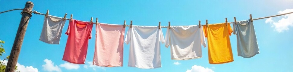 Freshly laundered clothes drying on a rustic wooden clothesline against a vibrant blue sky A charming summer scene with a gentle breeze rustling the fabrics , wooden, clothespins