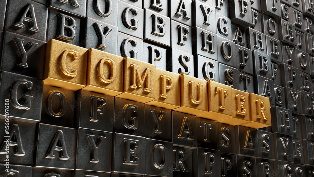 Poster computer.Movable type printing spelling.Flat lay view from above on Movable type printing buttons.IT technology concept.3D rendering on gold background.
