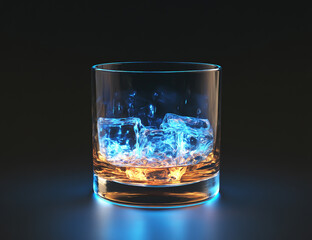 A glass of whiskey with ice cubes on a black background, with blue light illuminating from inside the glass